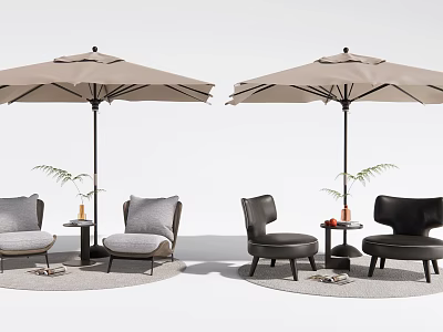 Outdoor Table And Chair Set With Umbrellas And Different Colored Chairs 3d model
