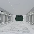 Modern Corridor Interior With White Ceiling Square Lights Marble Floor Blue Lighting And Green Door