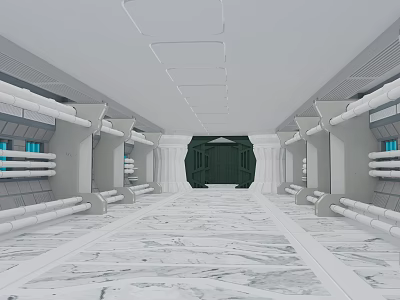 Modern Corridor Interior With White Ceiling Square Lights Marble Floor Blue Lighting And Green Door 3d model