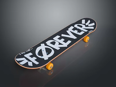 Professional Black Skateboard Deck With FOREVER Graphics And Orange Wheels 3d model