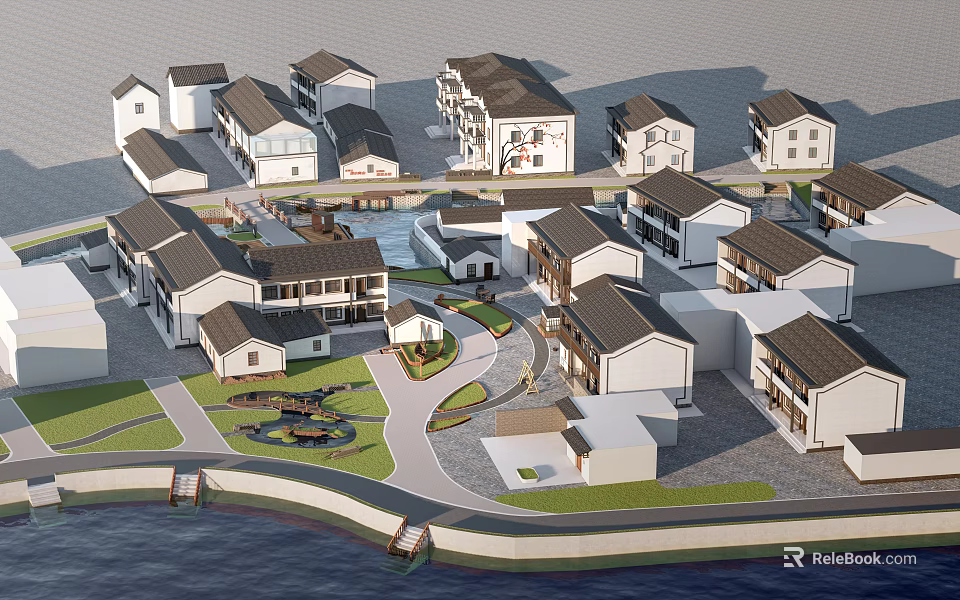 Other Residential Community Layout With Traditional Houses Water Features And Green Spaces 3d model 