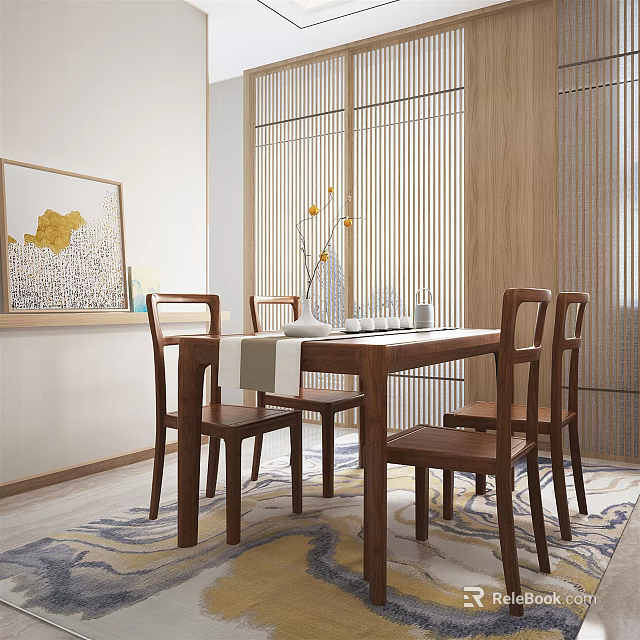 Modern Wooden Dining Table Set With Chairs Decorative Painting And Vase 3d model 
