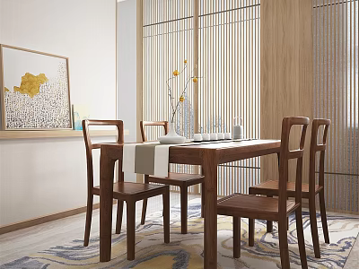 Modern Wooden Dining Table Set With Chairs Decorative Painting And Vase 3d model