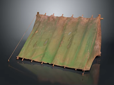 Traditional Canvas Tent Structure With Wooden Support Ropes And Pleated Green Fabric 3d model