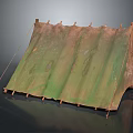 Traditional Canvas Tent Structure With Wooden Support Ropes And Pleated Green Fabric