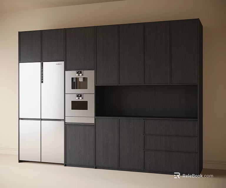 Modern Kitchen Sideboard With Dark Wood Cabinets And Stainless Steel Appliances 3d model 