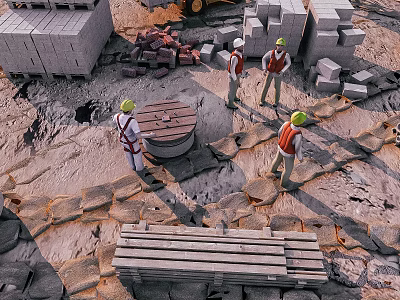 Cartoon Construction Site Scene With Workers In Safety Helmets And Reflective Vests 3d model