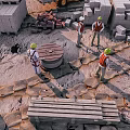 Cartoon Construction Site Scene With Workers In Safety Helmets And Reflective Vests
