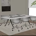 Modern Office Conference Table Interior With White Wheeled Chairs And Area Rug