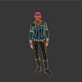 Futuristic Character With Short Hair In Orange And Black Outfit Standing Against Gray Background