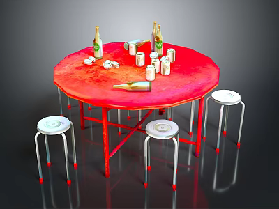 Red Round Table With Wine Bottles Cups And White Metal Leg Stools 3d model