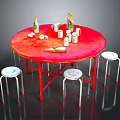 Red Round Table With Wine Bottles Cups And White Metal Leg Stools