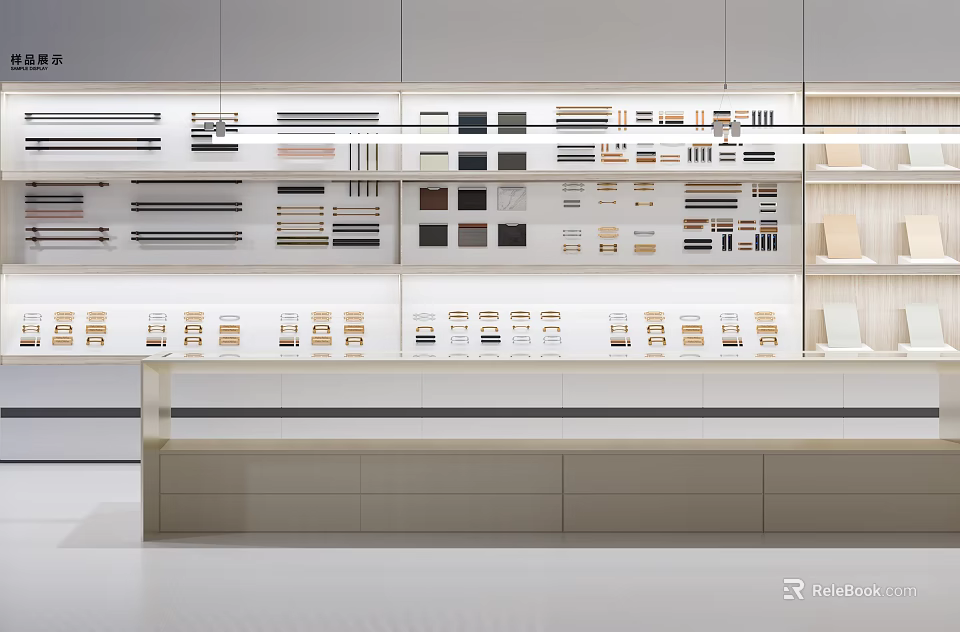 Modern Display Shelves With Organized Material Samples And Layered Storage Design 3d model 