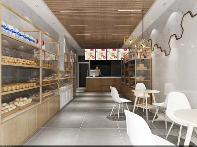 Modern Dessert Shop Interior With Pastry Display Cases Seating Area And Hanging Lights 3d model