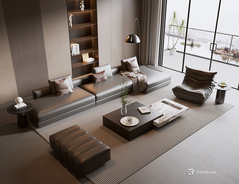 Modern Living Room With Gray Sofa And Black Coffee Table Set Footstool And Floor Lamp 3d model 