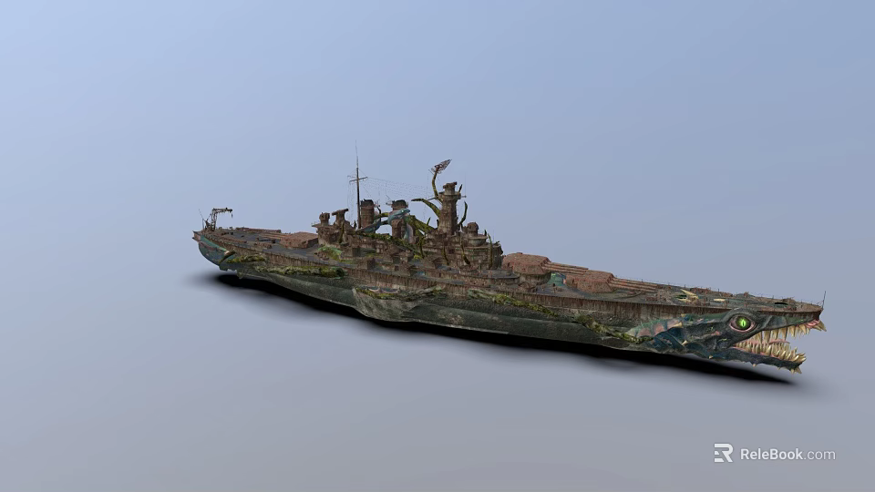 Abandoned Rusty Warship Overgrown with Vegetation and Dragon Pattern on Bow 3d model