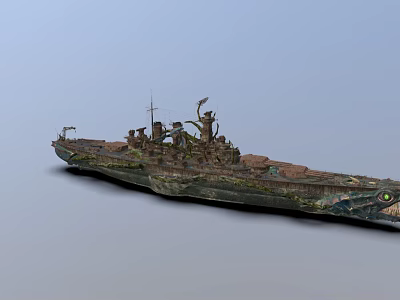 Abandoned Rusty Warship Overgrown with Vegetation and Dragon Pattern on Bow 3d model