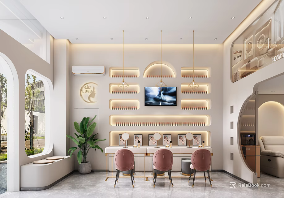 Modern Beauty Studio Interior With Lighting Chairs And Plant 3d model 