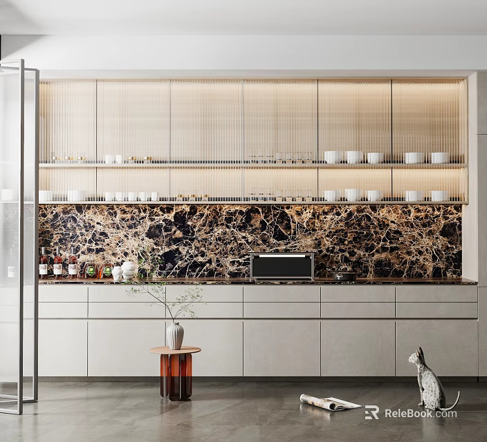 Elegant Modern Kitchen Interior With Stylish Cabinets Marble Backsplash And Lighting 3d model