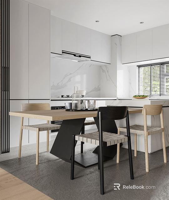 Modern Kitchen Dining Set With Wooden Table And Mixed Color Chairs 3d model 