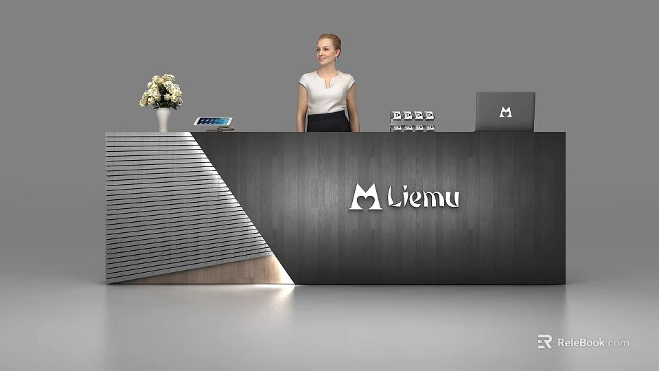 Modern Reception Desk With Flower Vase Tablet Laptop And Liemu Brand Logo 3d model 
