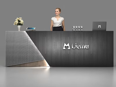 Modern Reception Desk With Flower Vase Tablet Laptop And Liemu Brand Logo 3d model