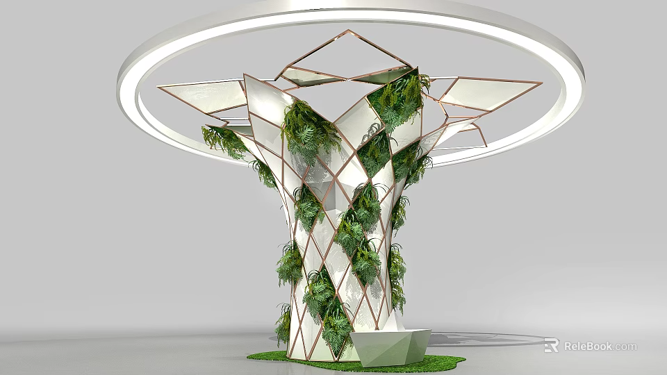 Geometric Column Covered With Green Plants White Copper Frame Circular Ring Top Green Base 3d model 