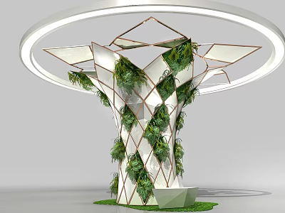 Geometric Column Covered With Green Plants White Copper Frame Circular Ring Top Green Base 3d model