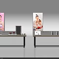 Modern Display Cabinets With Digital Screens And Skincare Products On Counter