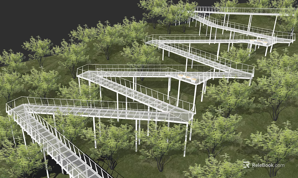 Scenic Park Landscape With Winding Elevated Walkways Lush Green Trees And Grass Hills 3d model 