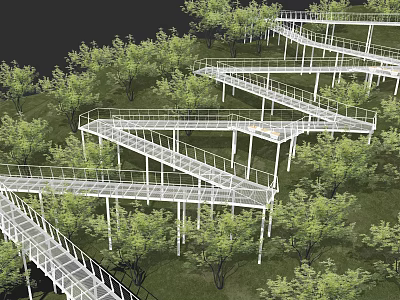 Scenic Park Landscape With Winding Elevated Walkways Lush Green Trees And Grass Hills 3d model