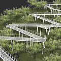 Scenic Park Landscape With Winding Elevated Walkways Lush Green Trees And Grass Hills
