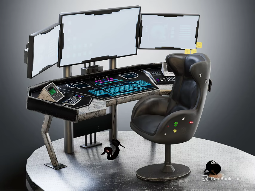 Futuristic Work Desk with Multiple Monitors Black Chair and Control Panel on Metallic Surface 3d model 