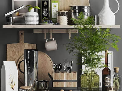 Elegant Kitchenware Setup With Stainless Steel Pots Cutting Boards Knives And Glassware On Shelf 3d model
