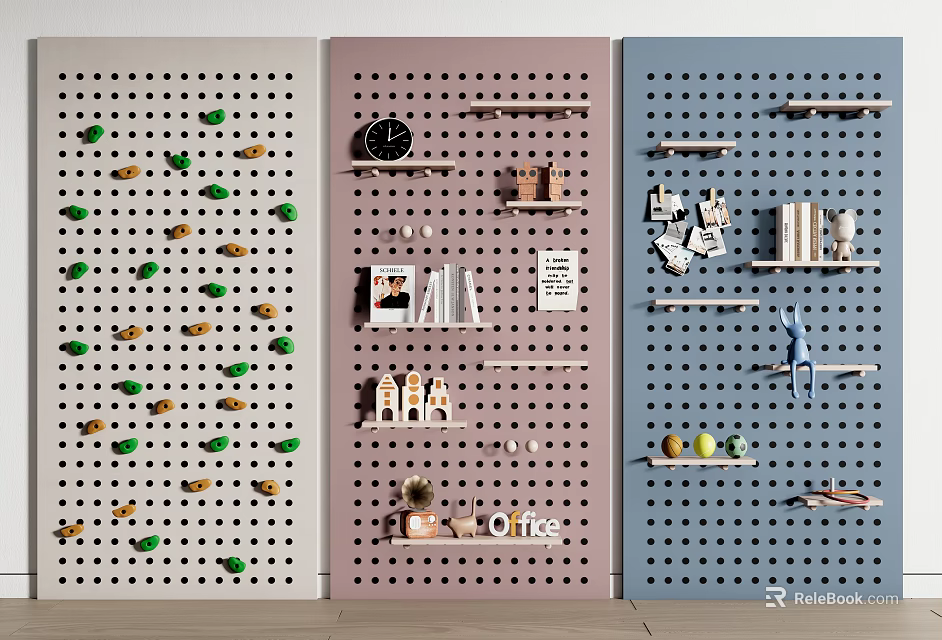 Colorful Perforated Panel Wall Decor With Shelves Clock Plants And Office Supplies 3d model 