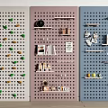 Colorful Perforated Panel Wall Decor With Shelves Clock Plants And Office Supplies