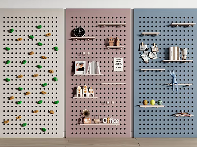 Colorful Perforated Panel Wall Decor With Shelves Clock Plants And Office Supplies 3d model