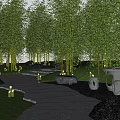 Tranquil Park Landscape With Bamboo Grove Stone Pathway Green Lawn And Decorative Lights