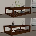 Dark Brown Solid Wood Tea Table With Two Tier Shelf And Tea Set Vase Books 3d model