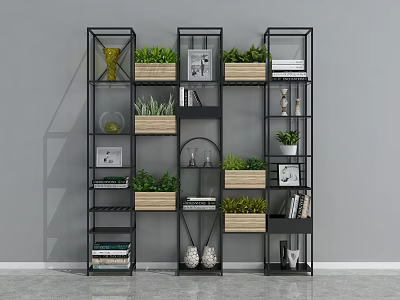 Modern Multi Tiered Shelving Unit With Black Frame Wooden Baskets Plants Books And Decorative Items 3d model