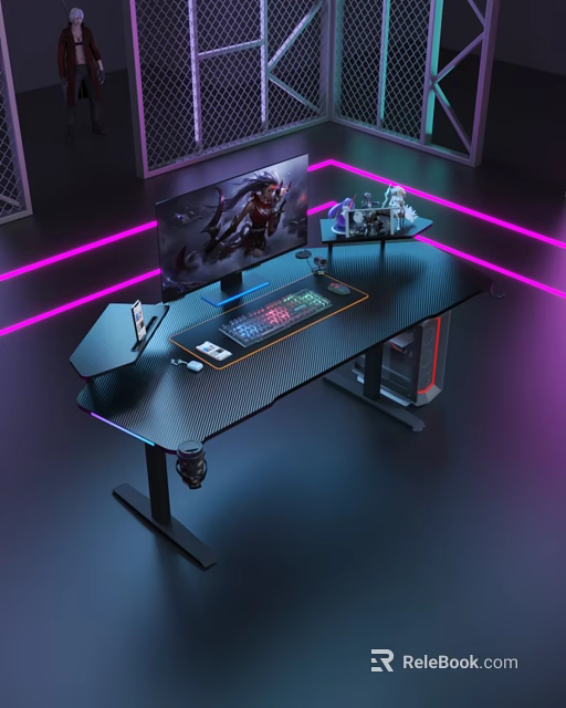 Modern Gaming Entertainment Room With Black Desktop RGB Lighting Computer Monitor Keyboard Mouse And Headphones 3d model 