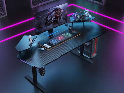 Modern Gaming Entertainment Room With Black Desktop RGB Lighting Computer Monitor Keyboard Mouse And Headphones 3d model