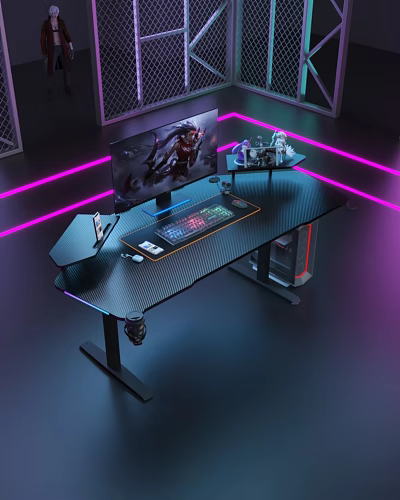Modern Gaming Entertainment Room With Black Desktop RGB Lighting Computer Monitor Keyboard Mouse And Headphones 3d model