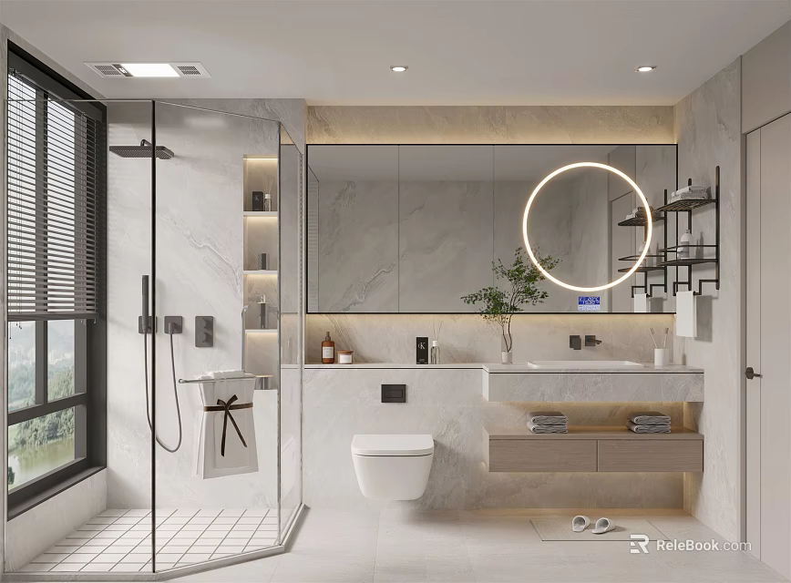 Modern Bathroom Interior with Round Lighted Mirror Marble Vanity and Shower Area 3d model 