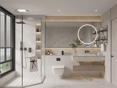 Modern Bathroom Interior with Round Lighted Mirror Marble Vanity and Shower Area 3d model