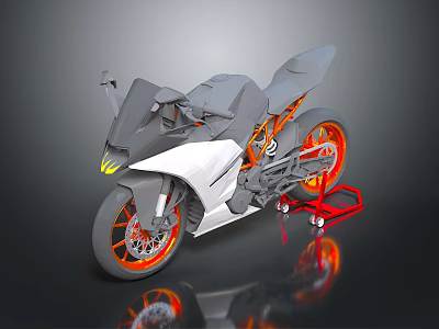 Modern Sport Motorcycle With White Black Body Orange Wheels And Red Stand On Reflective Surface 3d model