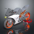 Modern Sport Motorcycle With White Black Body Orange Wheels And Red Stand On Reflective Surface