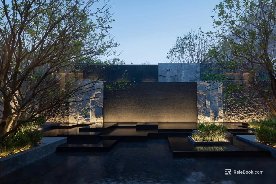 Modern Building Exterior Wall With Stone Cladding Water Feature Landscaped Greenery And Accent Lighting 3d model 