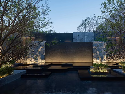 Modern Building Exterior Wall With Stone Cladding Water Feature Landscaped Greenery And Accent Lighting 3d model