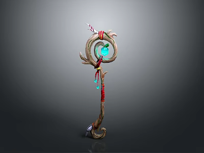 Enchanted Wooden Staff with Blue Gem Circular Top Red Straps and Decorative Accents 3d model